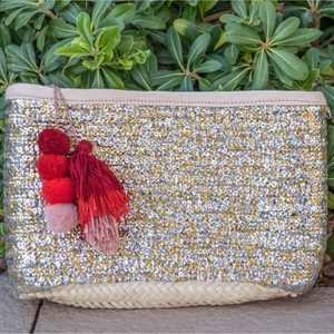 Straw Clutch with Gold and Silver Sequins