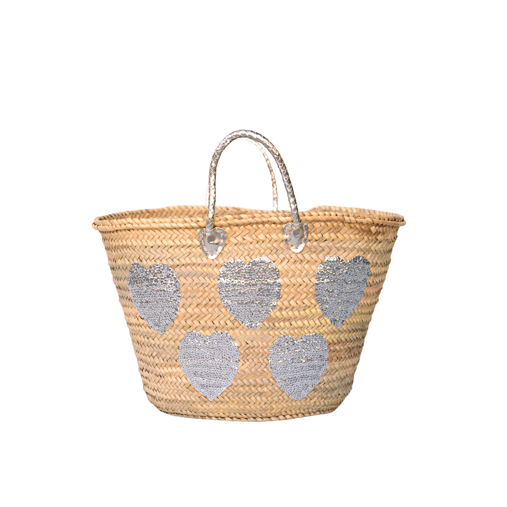 Large Straw Tote with Silver Sequin Hearts