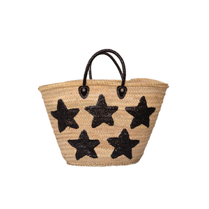Large Straw Bag with Black Sequin Stars