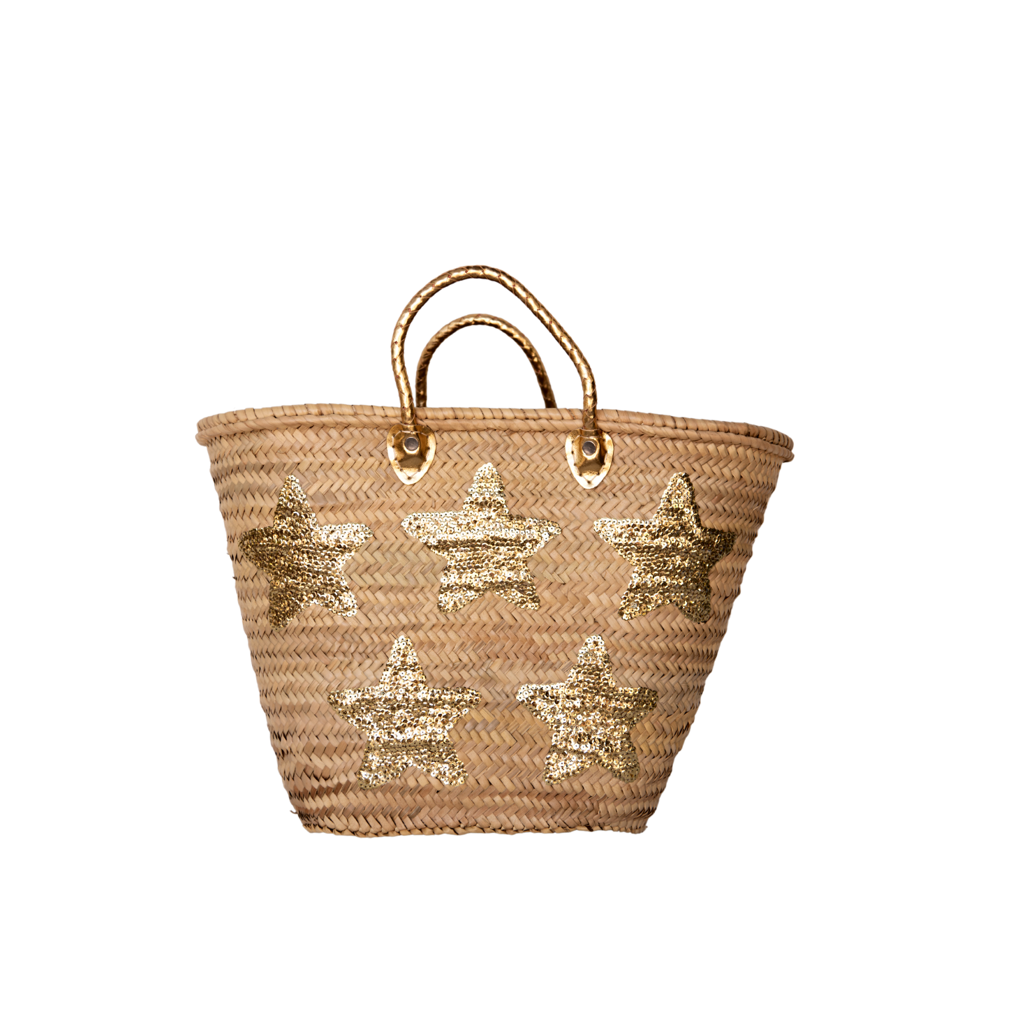 Large Straw Bag with Gold Sequin Stars