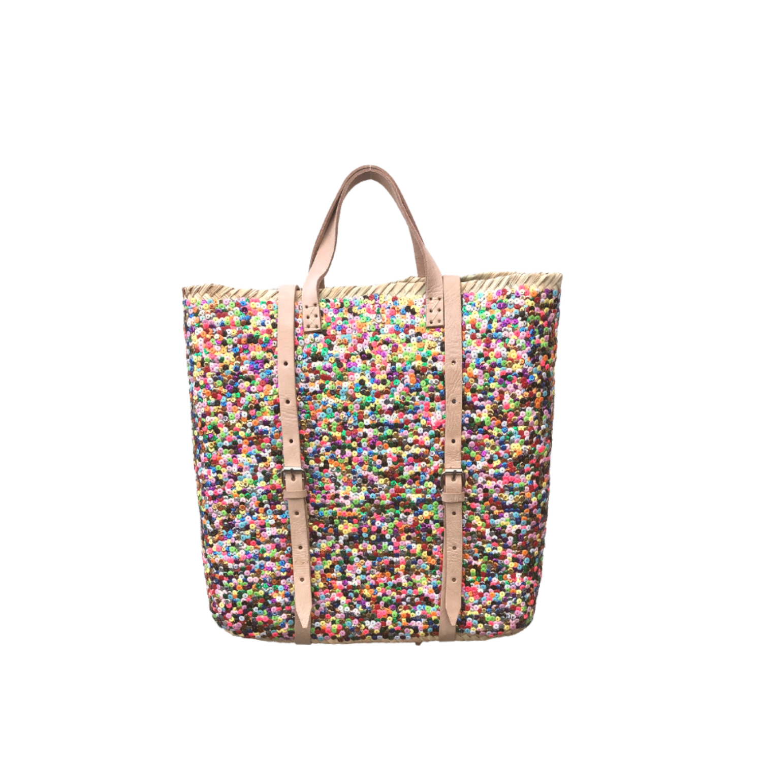 Straw Backpack with Multi-Colored Sequins