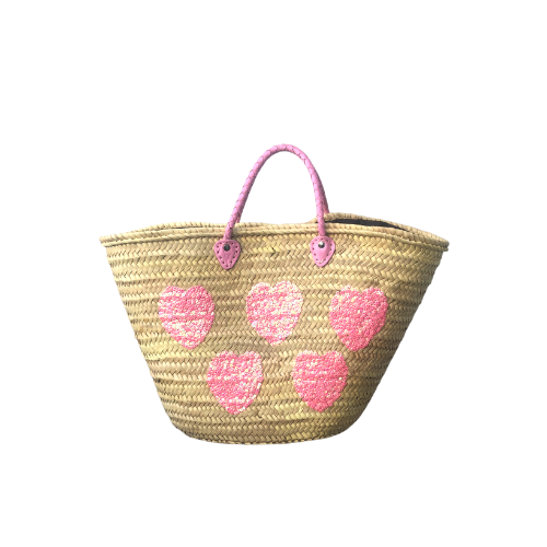 Large straw bag with pink sequin hearts and pink leather handles 