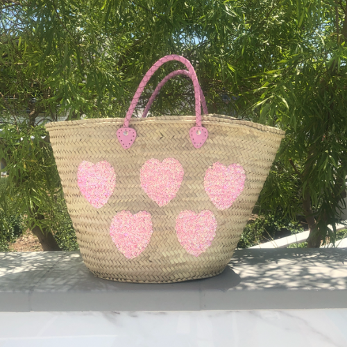 Large Straw Tote with Pink Sequin Hearts