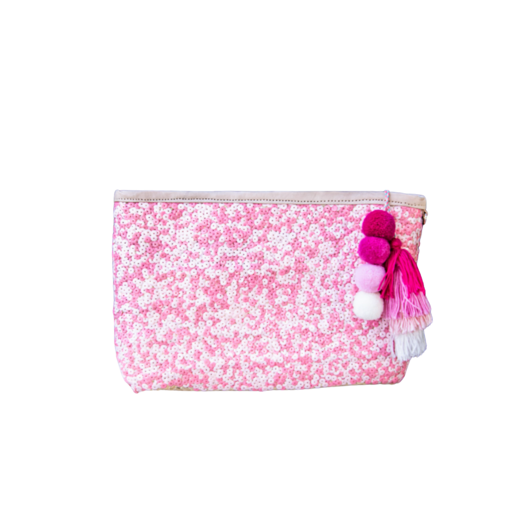 Straw clutch with pink sequins and tassel pom pom