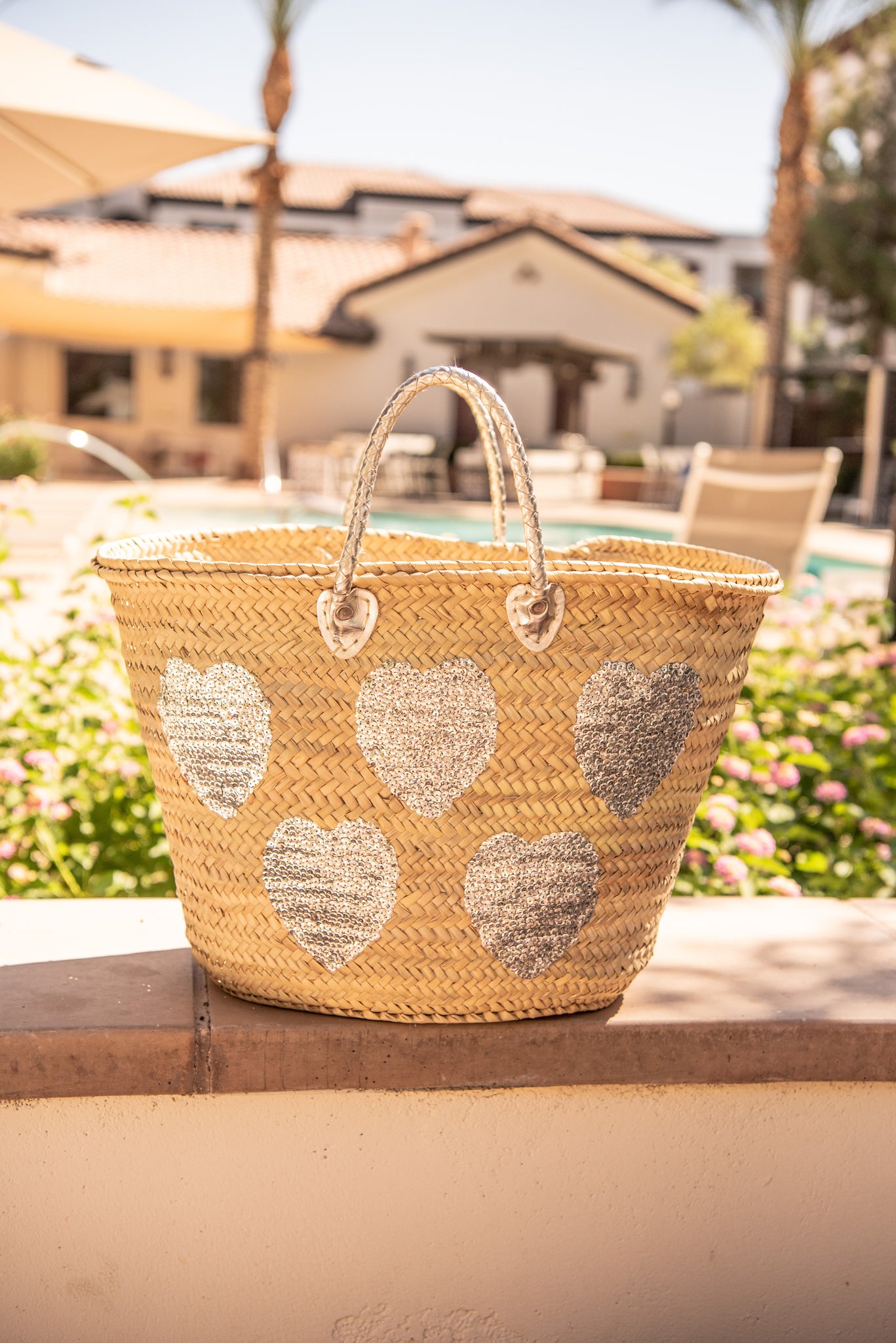 Large Straw Tote with Silver Sequin Hearts – Sand and Straw