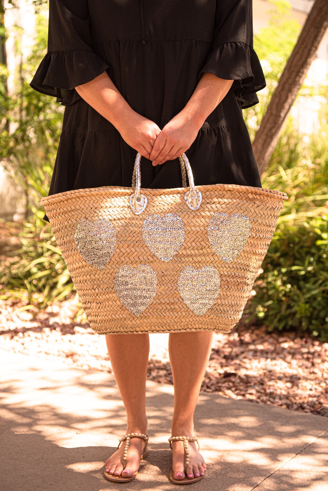 Large Straw Tote with Silver Sequin Hearts