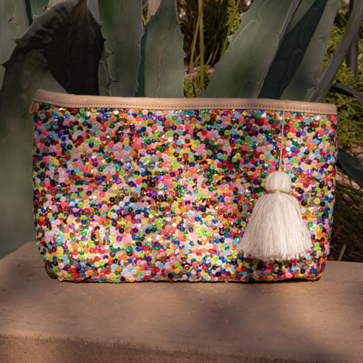 Straw Clutch with Multi-Colored Sequins