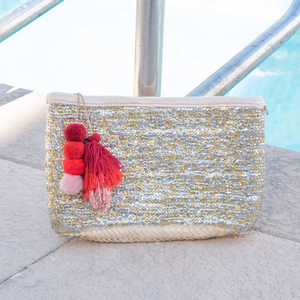 Straw Clutch with Gold and Silver Sequins