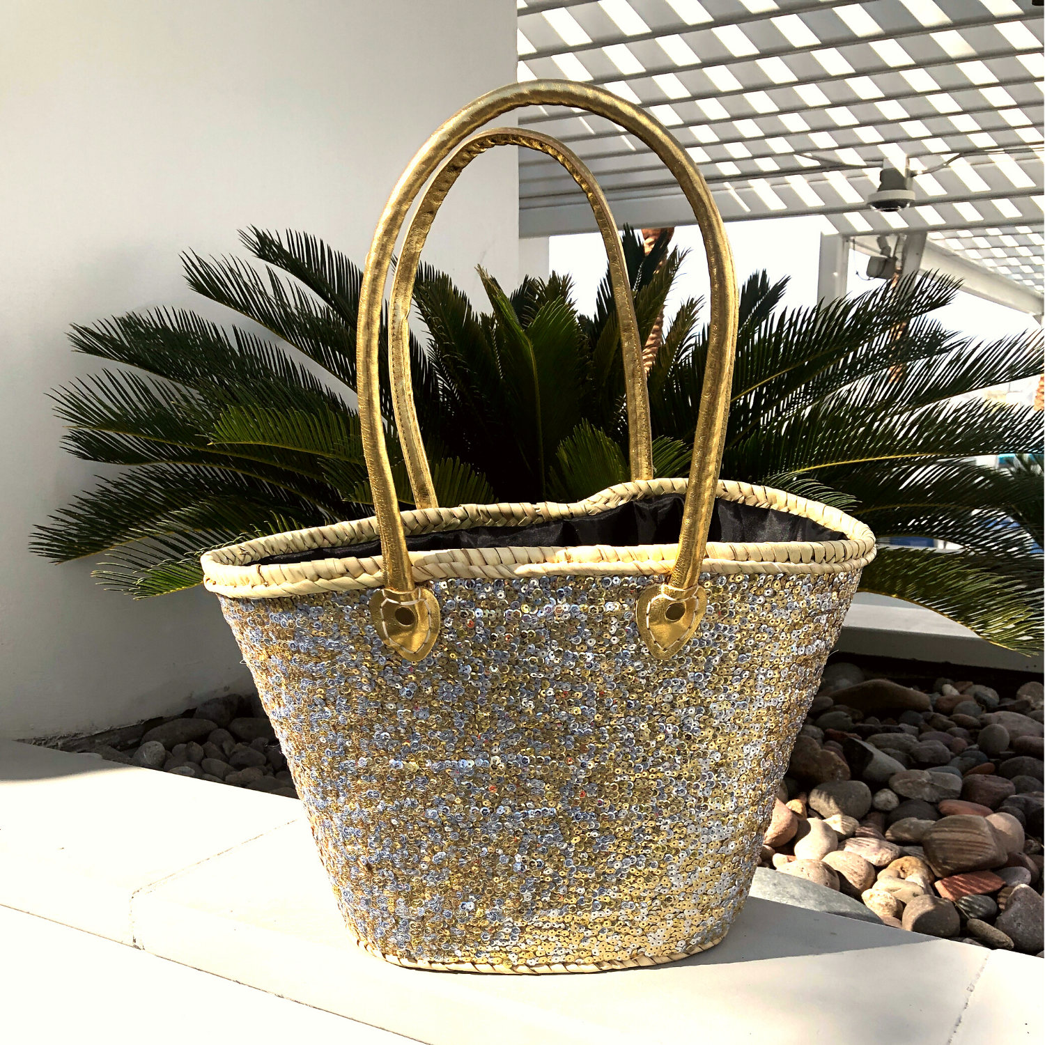 Medium Straw Shoulder Bag with Gold and Silver Sequins