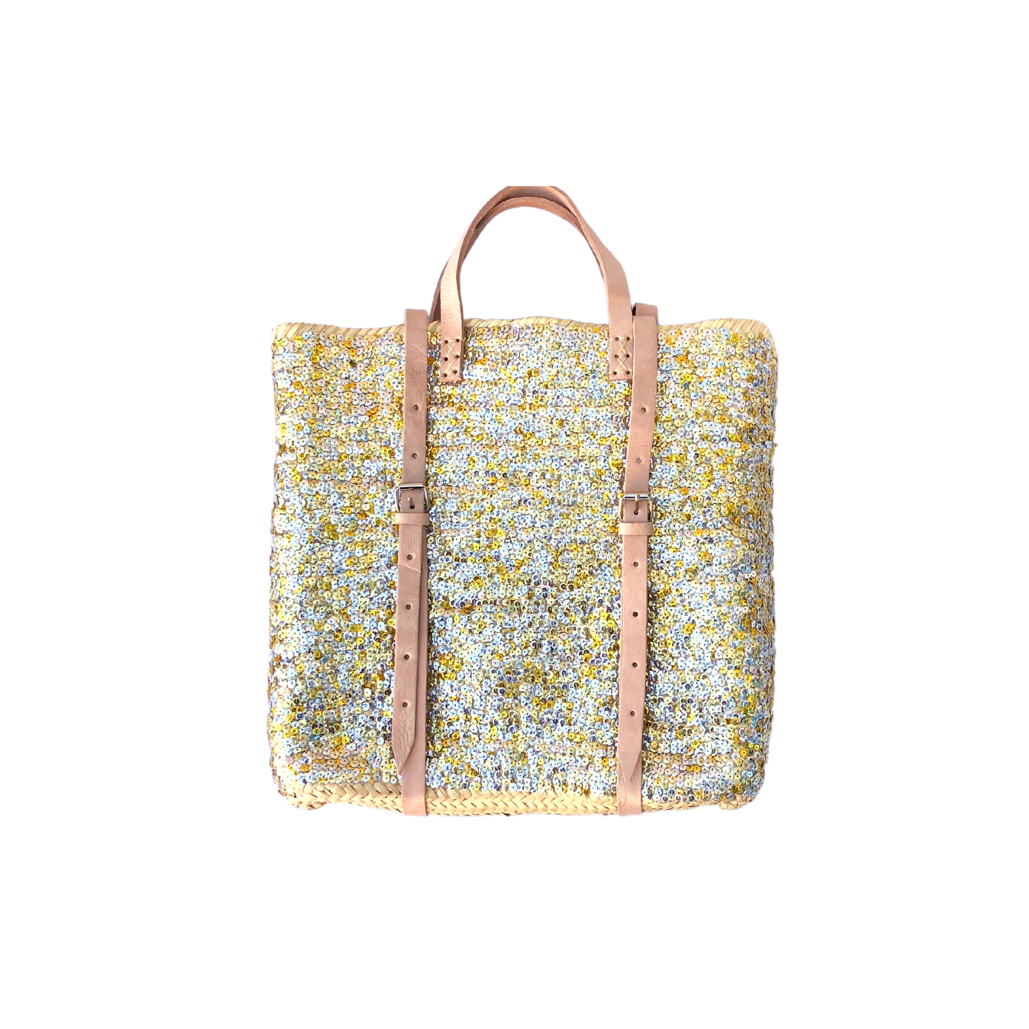 Straw Backpack with Gold and Silver Sequins