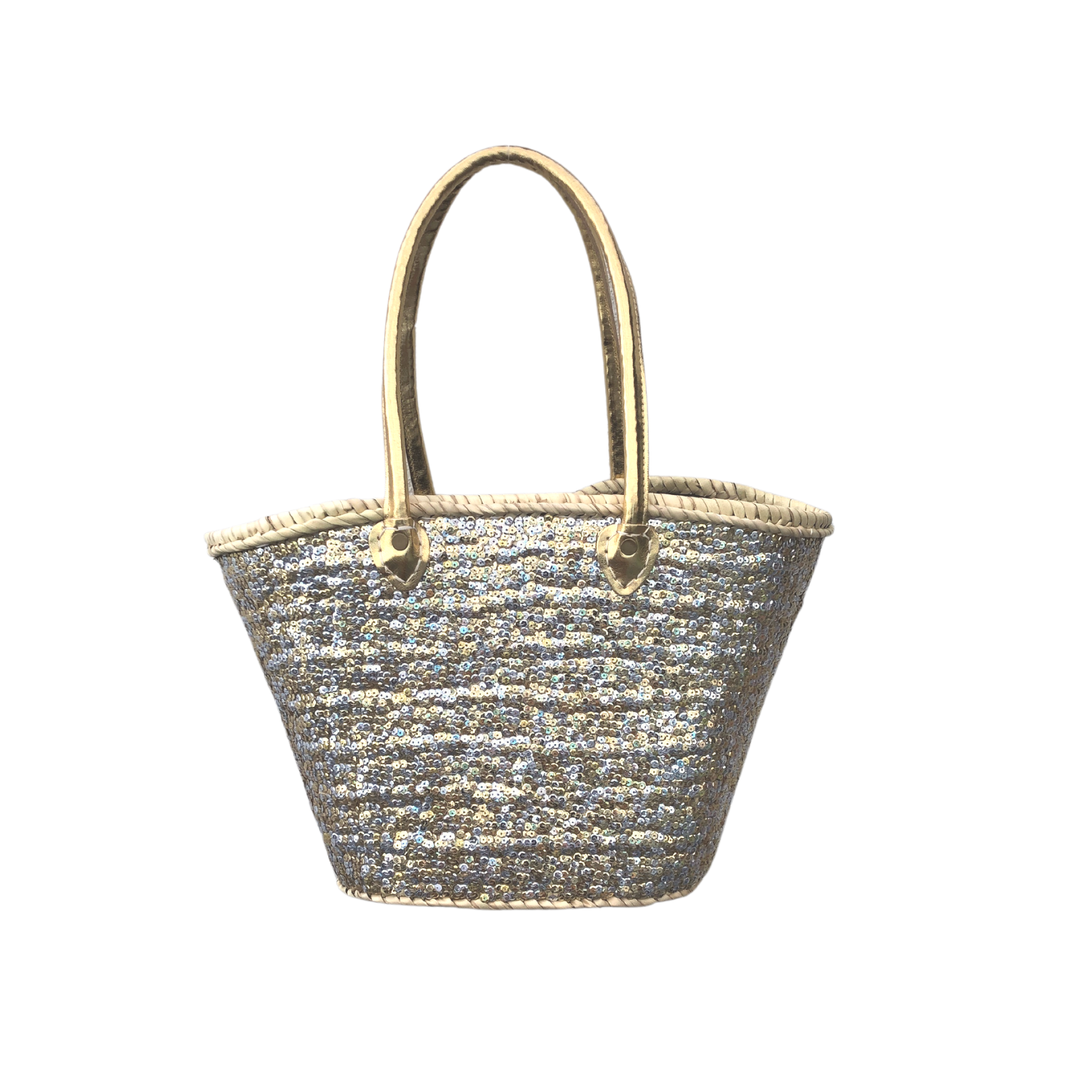 Medium Straw Shoulder Bag with Gold and Silver Sequins