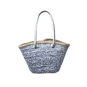 Medium Straw Shoulder Bag with White and Silver Sequins