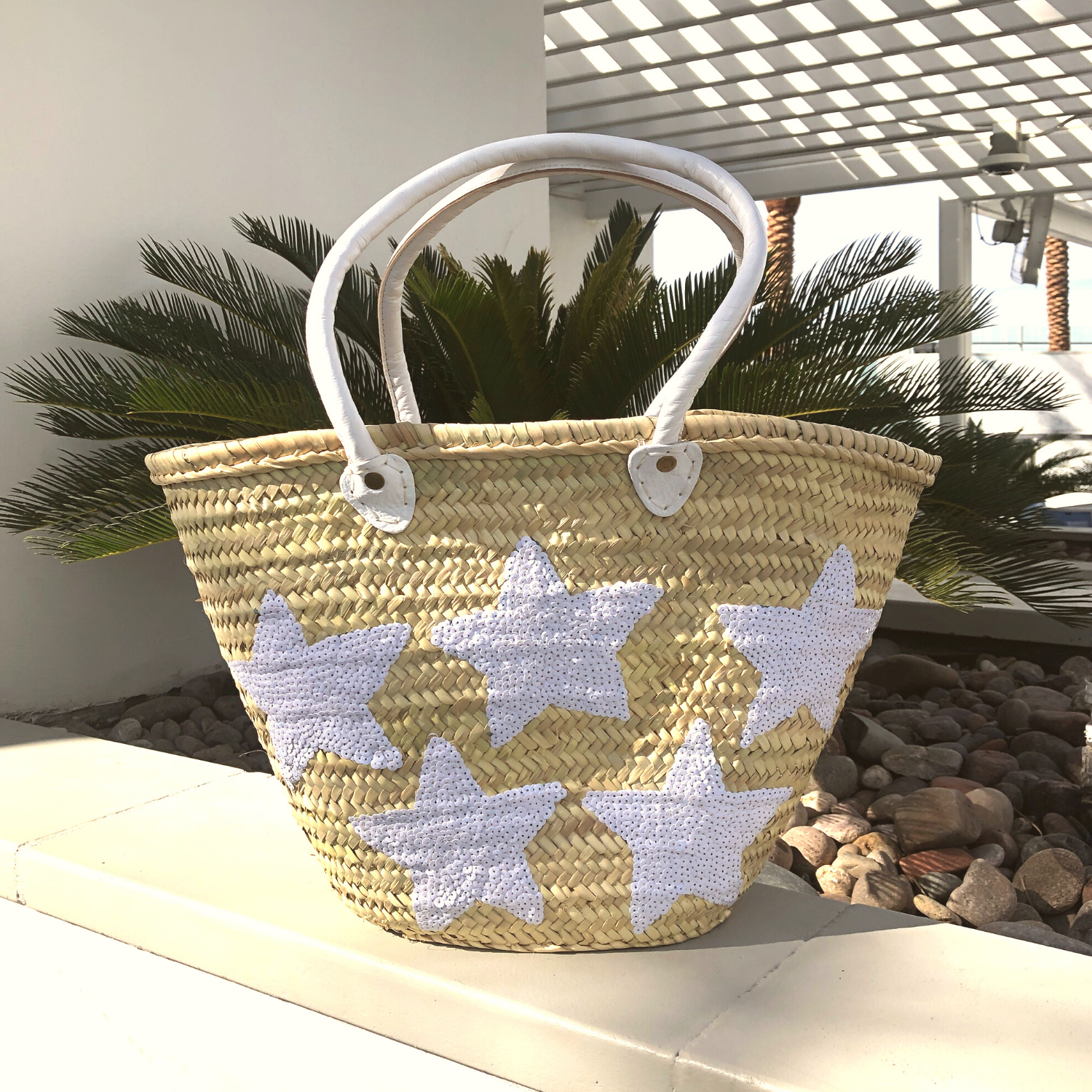 Large Straw Tote with White Sequin Stars