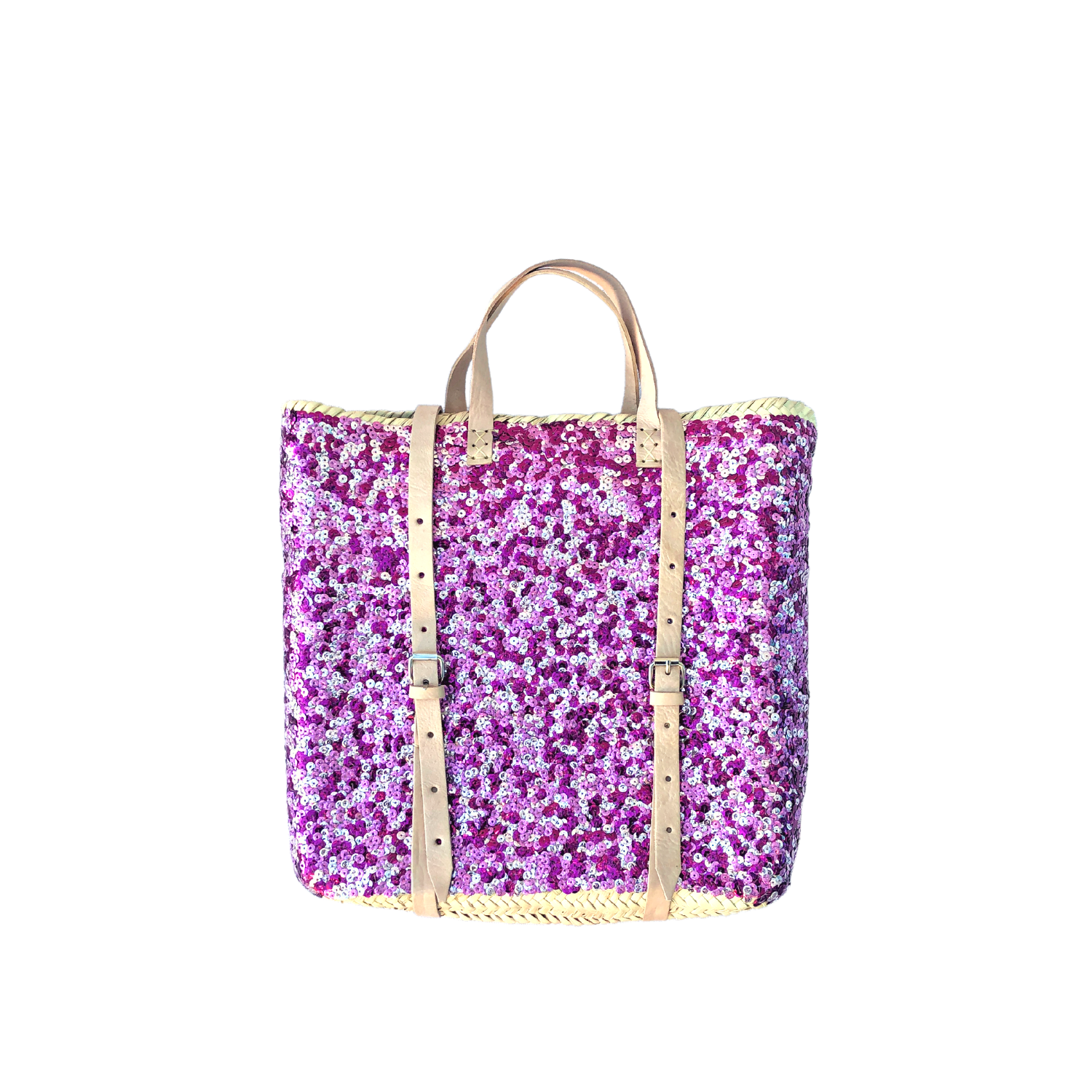 Straw Backpack with Purple Sequins